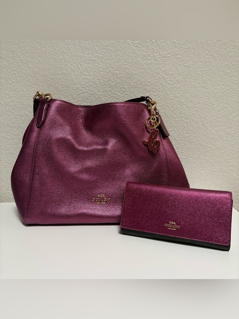 Coach Metallic Plum Pebbled Leather Shoulder Bag with Matching Wallet